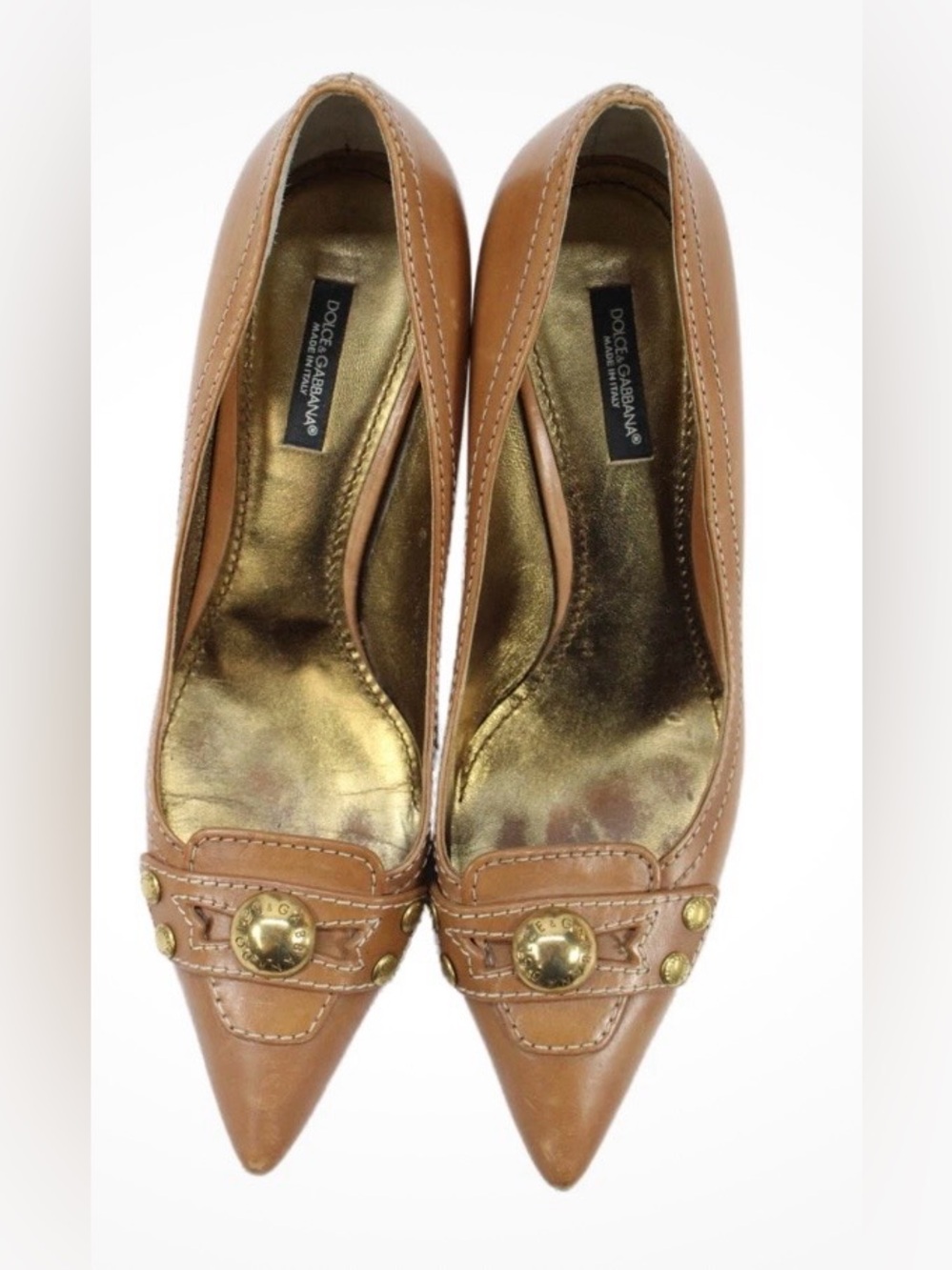 Vintage Dolce & Gabbana Tan Leather Pointed Toe Pumps with Gold Accents